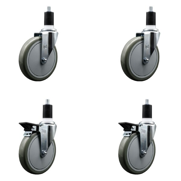 6'' Gray Poly Wheel Swivel 1-1/2'' Expanding Stem Caster Set 2 Brakes, 4PK